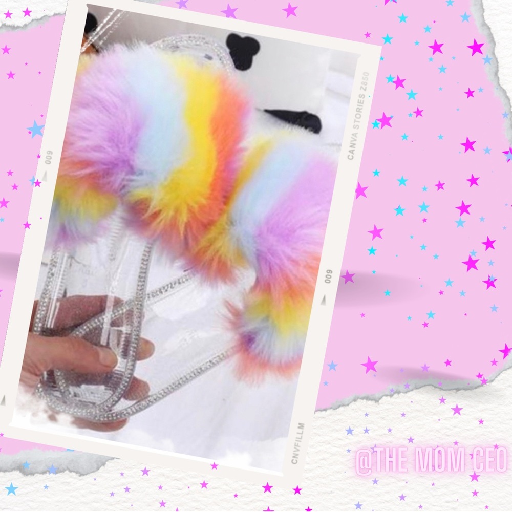 MULTICOLORED FUR PLUSH RHINESTONE SLIPPERS